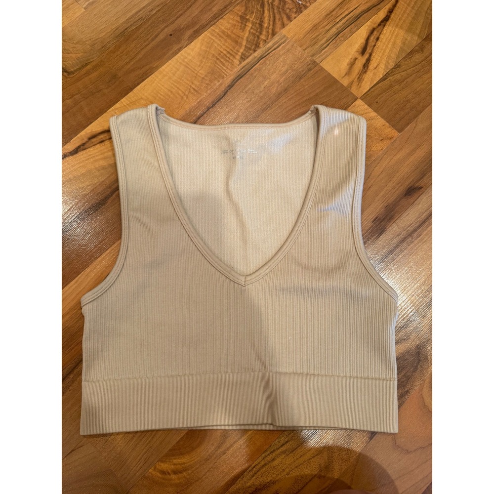 OFFLINE by Aerie Ribbed Cropped Tank Top Sleeveless Beige Activewear bra minimal